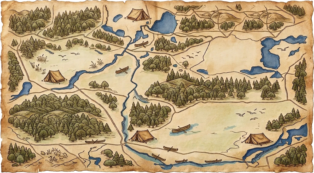 Illustrierte Karte der Tour: Wald, Seen und Flussläufe auf Altpapier, mit rot gestrichelter Route und den vier Biwakplätzen.